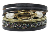 Multi Layer Leather Cowrie Conch Wrap Bracelet, Magnetic Clasp, Black