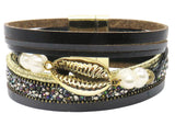 Multi Layer Leather Cowrie Conch Wrap Bracelet, Magnetic Clasp, Black