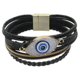 Multi Layer Leather Evil Eye Wrap Bracelet, Magnetic Clasp, Black