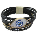 Multi Layer Leather Evil Eye Wrap Bracelet, Magnetic Clasp, Black