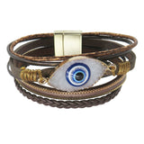 Multi Layer Leather Evil Eye Wrap Bracelet, Magnetic Clasp, Brown