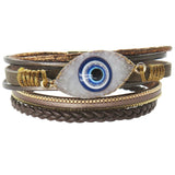 Multi Layer Leather Evil Eye Wrap Bracelet, Magnetic Clasp, Brown
