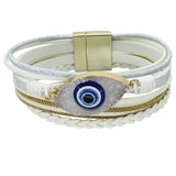 Multi Layer Leather Evil Eye Wrap Bracelet, Magnetic Clasp, White