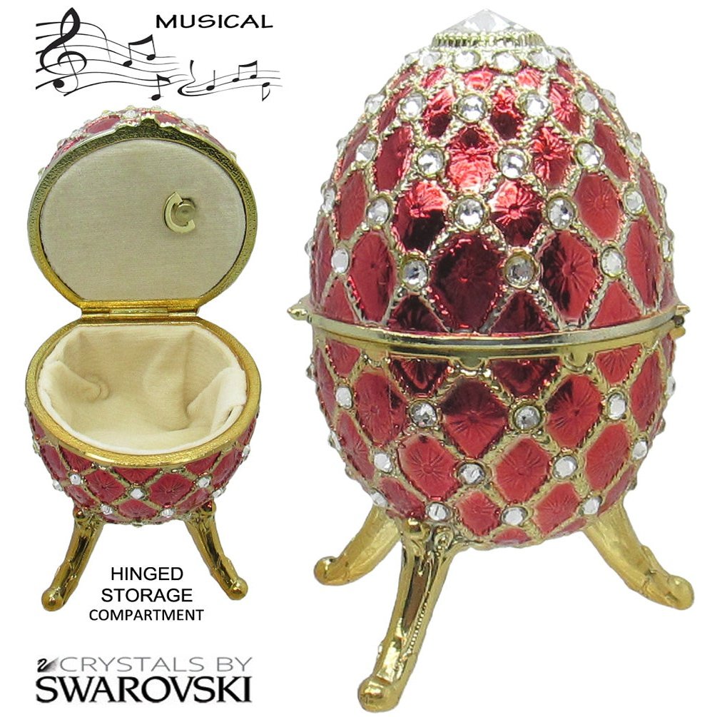 Musical Jewelry Trinket Box Swarovski Crystals, Gold/Red