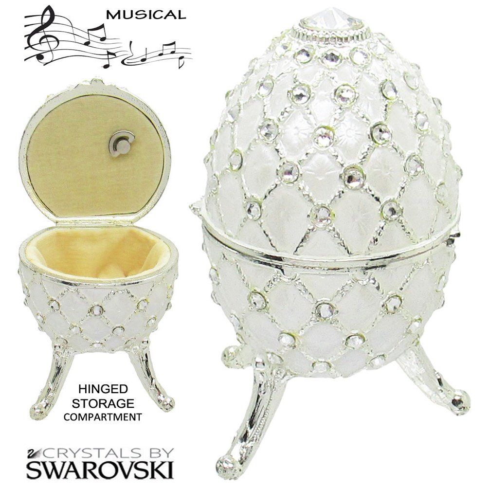 Musical Jewelry Trinket Box Swarovski Crystals, Silver/White