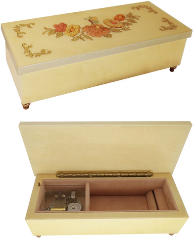 Italian Music Box, 8.5",  Floral Inlay, Cream