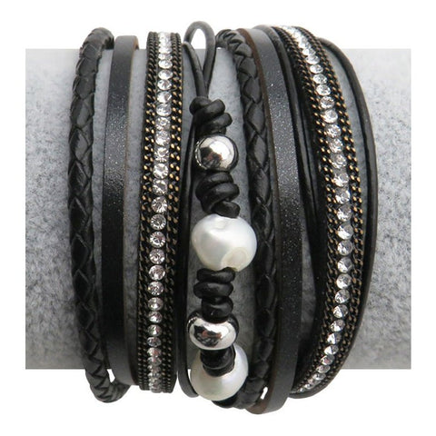 Leather, Crystals, Pearls Wrap Bracelet, Magnetic Clasp, Black