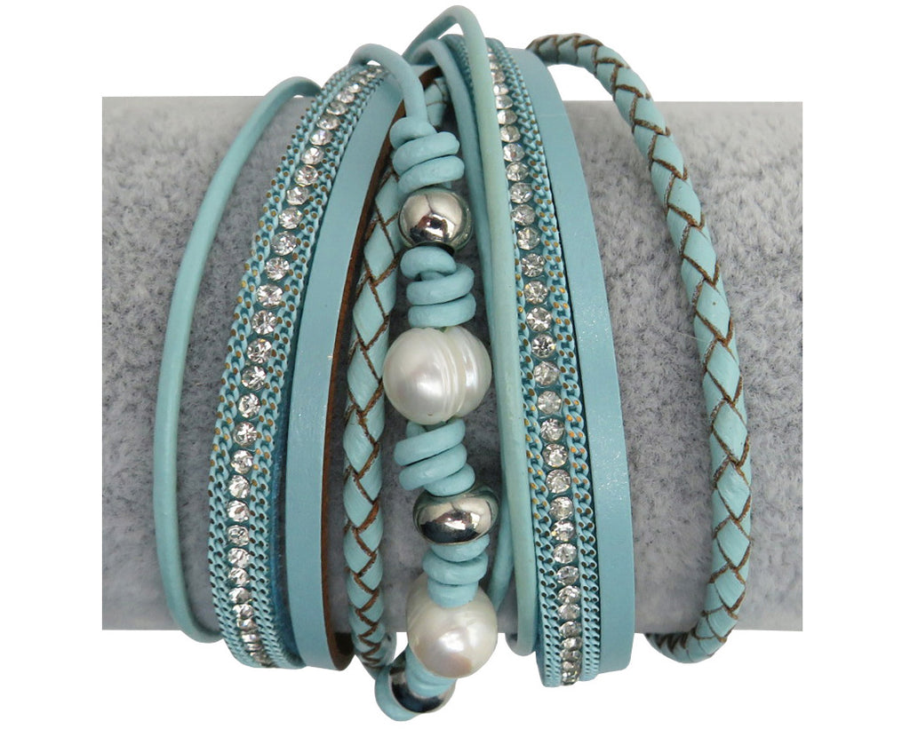 Leather, Crystals, Pearls Wrap Bracelet, Magnetic Clasp, Baby Blue