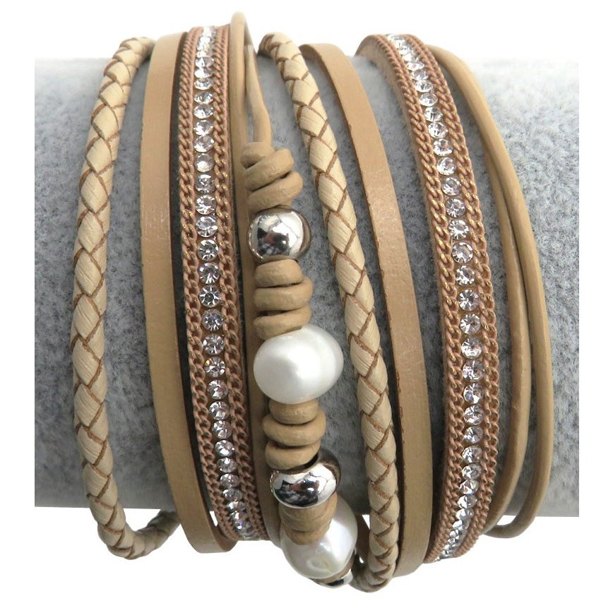 Leather, Crystals, Pearls Wrap Bracelet, Magnetic Clasp, Tan