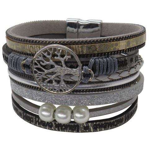Tree Life Multi Layer Leather Wrap Bracelet, Magnetic Clasp, Grey