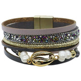Multi Layer Leather Cowrie Conch Wrap Bracelet, Magnetic Clasp, Grey