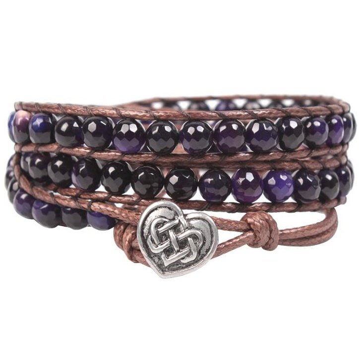 Natural Purple Agate Multi-Layer Braided Leather Wrap Bracelet